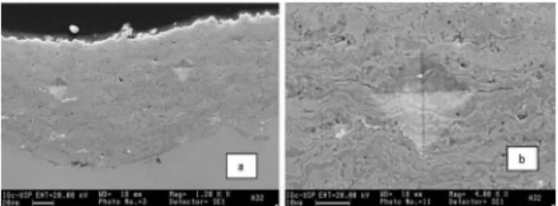 Figure 2.  Secondary  electron  micrographs  of  HVOF  sprayed  nanostructured Cr 3 C 2 -25(Ni20Cr) coating: (a) shows uniform  structure, good bonding to substrate, smooth surface and two hardness  measurement indents; (b) detail of (a) showing cracks ema
