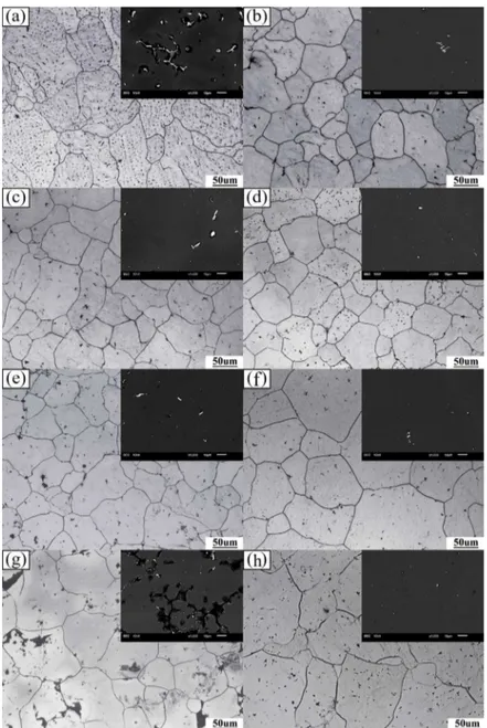Figure 5. OM and typical SEM images of alloy homogenized for 8 hours at diferent  temperature: (a) 360 ºC, (c) 380 ºC, (e) 400 ºC, (g) 440 ºC and at 380 ºC for various holding  time: (b) 4 h, (d) 12 h, (f) 16 h, (h) 24 h.