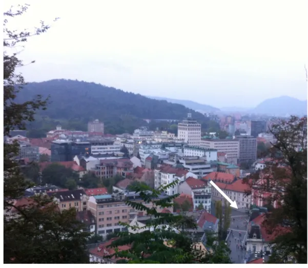 Figure 4A – Ljubljana, Slovenia; Tromostovje and National Institute of Public Health (white arrow) 