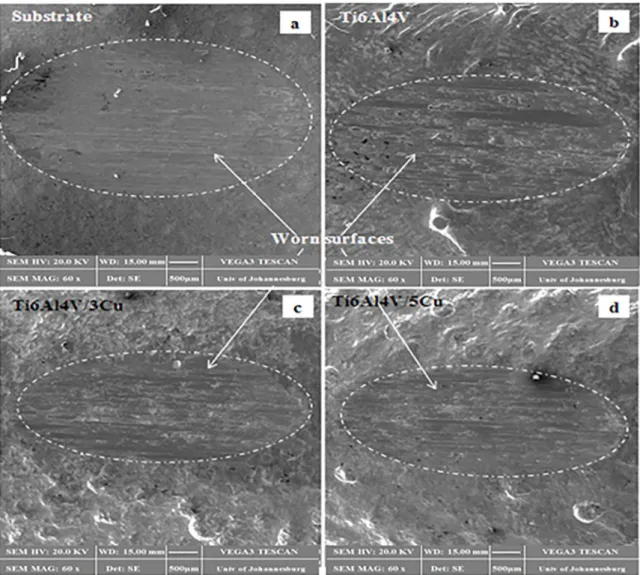 Figure 7. SEM micrographs of the worn surfaces of the alloys focused at low magniication (a) Substrate; (b) Ti6Al4V alloy; (c) Ti6Al4V- Ti6Al4V-3Cu; (d) Ti6Al4V-5Cu.
