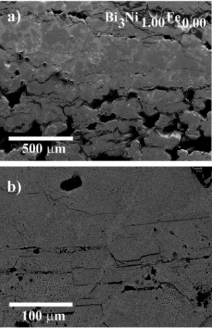 Figure 3 show the microstructure of polycrystalline  samples of Bi 3 Ni 1-x Fe x  with (a) x = 0.00 and (b) x = 0.10 in  more detail