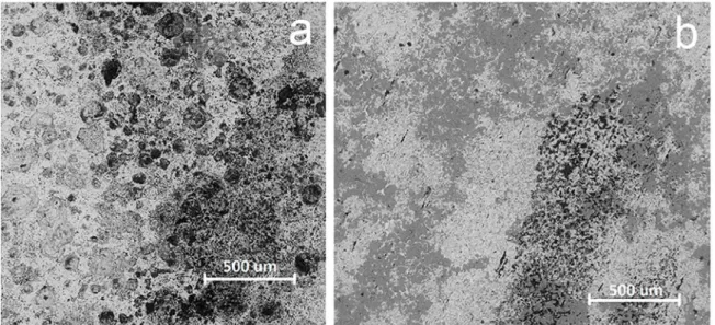 Figure 8: Corroded surface of test body of the steel ASTM A178. a) Mounted in direct contact with biogas in natura