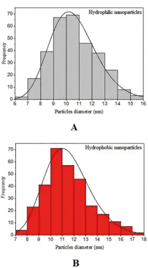 Figure 2. Size distribution histogram of the hydrophilic nanoparticles  (A) and the hydrophobic nanoparticles (B).