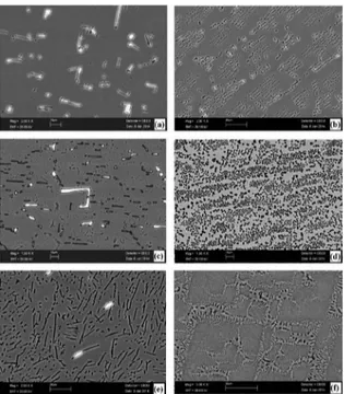 Fig. 6 Rod eutectic microstructures images of directionally solidiied  Al–1.9Mn–xFe alloys at constant G (6.7 K/mm) (a) Al–1.9Mn–0.5Fe  (V=8.3 μm/s) (b) Al–1.9Mn–0.5Fe (V=987 μm/s) (c) Al–1.9Mn–1.5Fe  (V=8.3 μm/s) (d) Al–1.9Mn–1.5Fe (V=978 μm/s) (e) Al–1.9