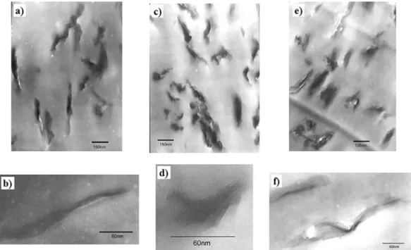 Figure 1 (a) - (f) shows the TEM micrographs of the  nanocomposites containing 5 wt% of organoclay
