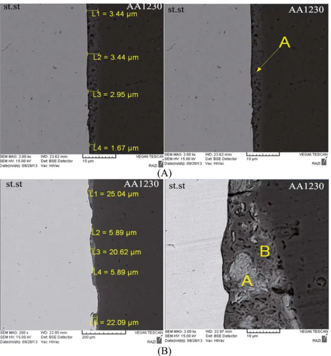 Figure 6: Pictures of the SEM from the changes of thickness and intermetallic compounds speciied in the interface