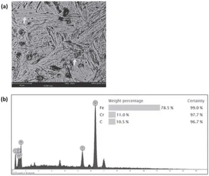 Figure 13. (a) SEM and (b) EDS analysis of in the conditions of T = 1050ºC; ε = 0.89 and strain rate of 0.1 s -1 