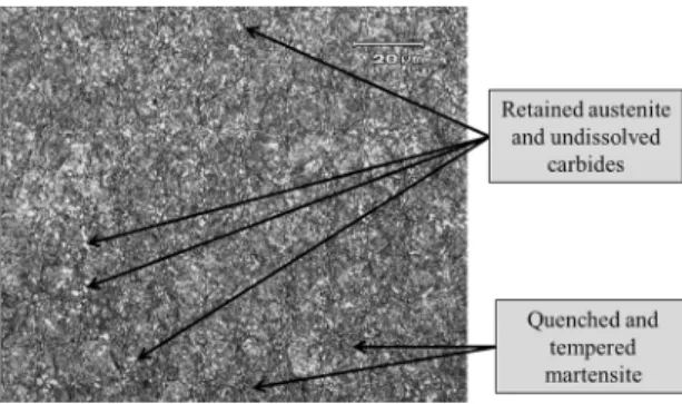 Figure 4: Microstructuer of martensitic stainless steel DIN 1.4110  after quenching by conventional heat treatment and tempering at  250 °C for 1.5 h.