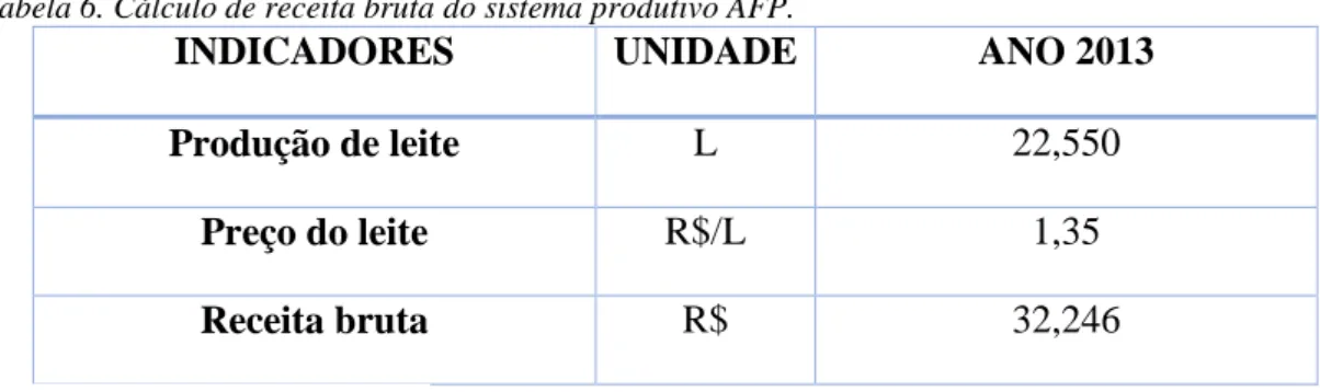 Tabela 6. Cálculo de receita bruta do sistema produtivo AFP.