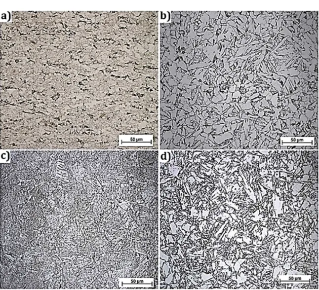 Figure 2:  Optical micrograph of (a) AC, (b) ACN, (c) WQ350 and (d) WQ700 samples.