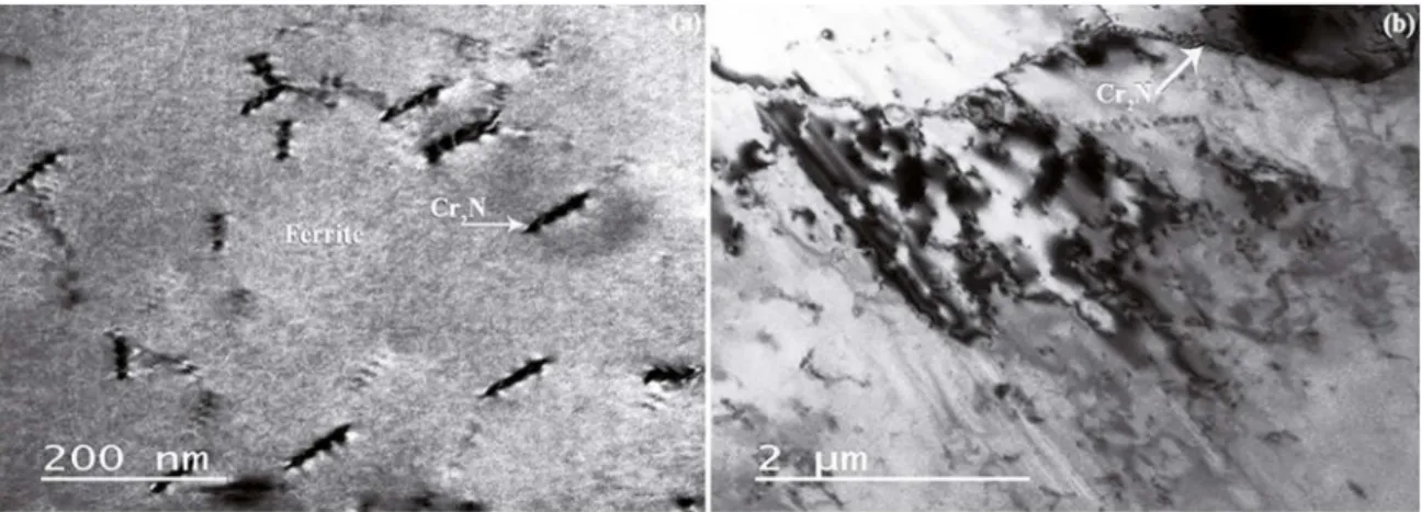 Figure 3: Transmission electron micrograph of Cr2N of the HAZ of welded joints. (a) Transmission electron micrograph of the intragranular  nitrides and (b) transmission electron micrograph of the nitrides precipitated at the ferrite/austenite interfaces (F