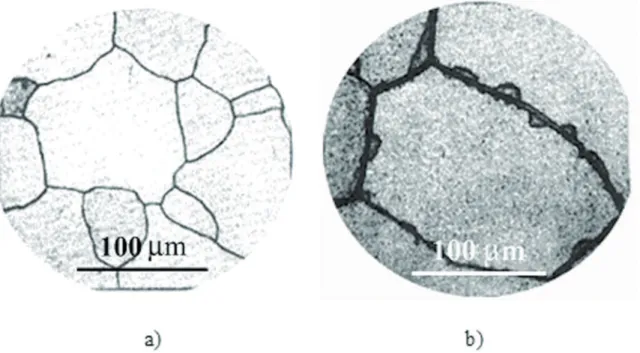 Figure 1: The microstructure of the sample PtRh20Pd10Ir0.1Au0.1 with total content of the impurities a) 0.015 % (wt.), 70x ; b) 0.083% 