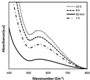 Figure 1: Synthesis of Au-NPs using aqueous extract of sumac at A)  initial, B) 30 min and C) 1 hour of the reaction time