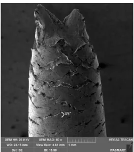 Figure 11 is a side view SEM image of MAR-SAP  sample after rupture showing the formation of circumferential  (transverse) microcracks on the nitrided surface perpendicular  and cross-linked at 45º angle relative to the tensile loading  direction.