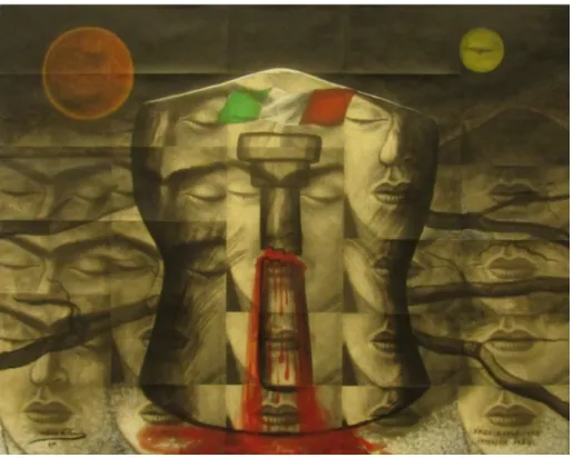 Figura 1 - Arturo Estrada, La columna, 1987, pintura sobre cartão e collage,  50 x 63 cm, Coleção privada 