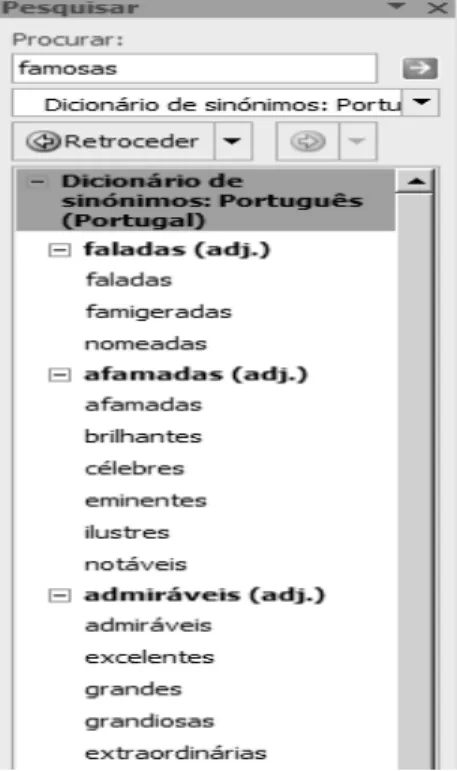 Figura 14 – Quase-sinónimos de «famosas» apresentados pelo processador de texto 