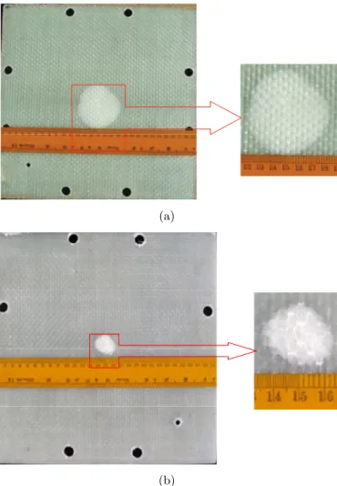 Figure 10 (a) Delamination area of 5 layer laminate without clay when subjected to 50m/s (b) Delamination area of 5 layer laminate with 4% clay when subjected to 50 m/s