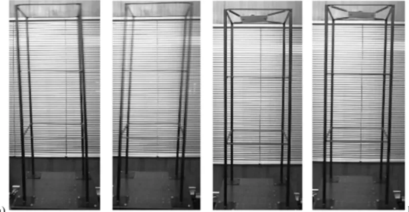 Figure 13 Frames showing structure responses during forced vibration at frequency 8 Hz and imposed amplitude of 1 cm: a) without and b) with absorber.