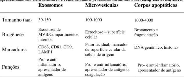Tabela  1.  Principais  características  dos  tipos  de  vesículas  extracelulares.  Os  exossomos  e  as  microvesículas apresentam sobreposição de diâmetro