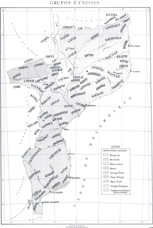 Figura 1 - Mapa de assentamentos de grupos étnicos no território moçambicano;  