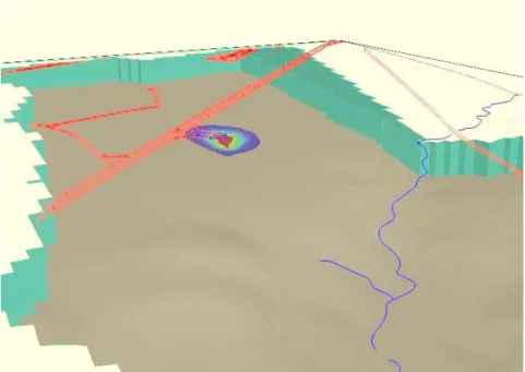 Figura 9 – Representação da pluma de contaminação na água subterrânea da área de estudo pelo  modelo Visual Modflow 