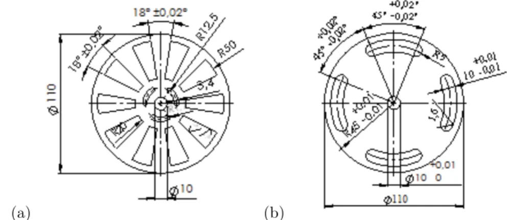 Figure 4   Blueprints of two chopper wheels (with the dimensions provided in mm): (a) with ten windows and linear edges; (b) with  four windows and outward circular edges 