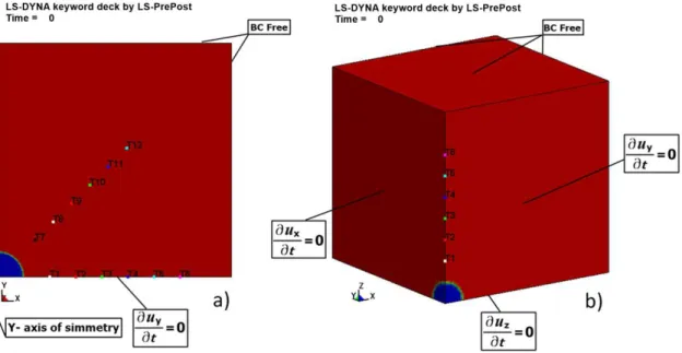 Figure 2: Tracers locations and boundary conditions; a) axisymmetric models, b) 3D models