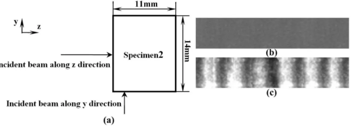 Figure 6: Stress analysis in y-z plane: (a) specimen size and scanning mode; (b) isodyne image as incident laser  beam along z direction; (c) isodyne image as incident laser beam along y direction