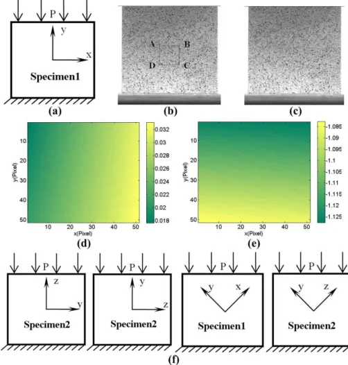 Figure 9: Mechanical parameters measurement: (a) specimen1 loaded along y; (b) image before loading; (c) image  after loading; (d) displacement field along x direction; (e) displacement field along y direction; (f) different specimens 