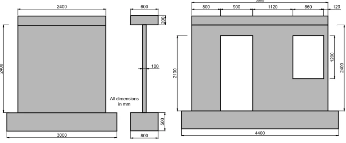 Figure 1: Geometry of wall specimens: (a) h w ⁄ l w  = 1, (b) having openings [dimension in mm]