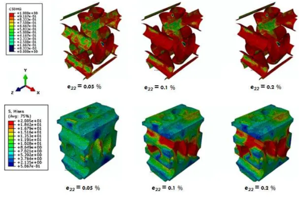 Figure 8   Interfacial damage and matrix stress under  e 22  loading case. 
