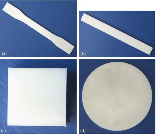 Figure 5   Specimens used in the experiments: (a) tensile dog-bone shaped according to ASTM D638-10; (b) prismatic specimen for  bending tests, size 126.5 mm  ×  12.9 mm  ×  3.27/6.34 mm; (c) prismatic specimen for compression tests cut from a larger piece