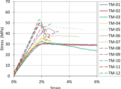 Figure 8   Results of the tensile tests of the microcellular ABS: TM-01, TM-02, TM-03 tested at 0.05 mm/s; TM-04 to TM-09 tested at  50 mm/s; TM-10 to TM-12 tested at 5 m/s (nominal speed)