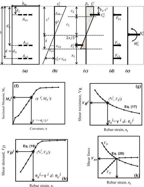 Figure 4   Schematic steps for computing the shear strength using the proposed procedure: (a) cross-section with rebar layers; (b) strain  distribution; (c) concrete stresses and forces; (d) rebar forces; (e) resultants; (f) moment-curvature; (g) shear res