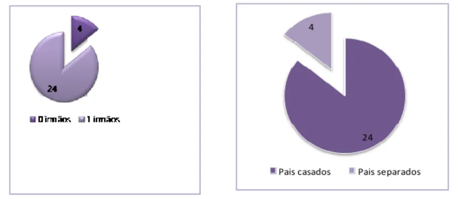 Fig. 17 – Gráficos representativos do número de irmãos e da situação conjugal dos pais.