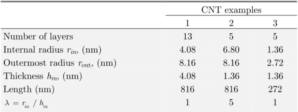 Table 1:  Geometric data for three examples of MWCNTs.