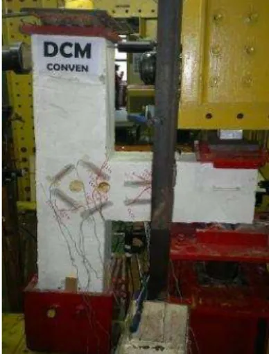 Figure 4: Geometry and steel reinforcement of the tested specimens, (a) DCM-CONVEN, (b) DCM-SINGLE,  (c) DCM-DOUBLE