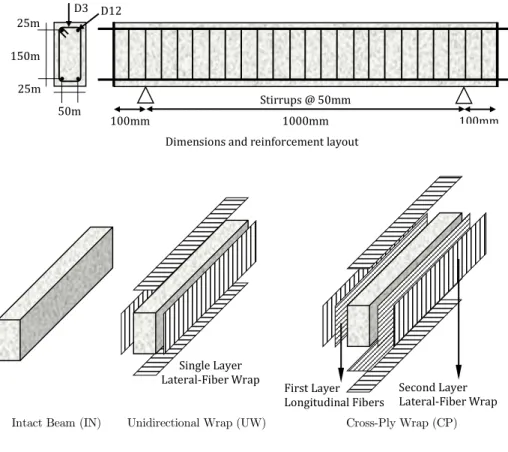 Figure 1: Reinforcement and CFRP wrapping scheme configurations of specimens. 