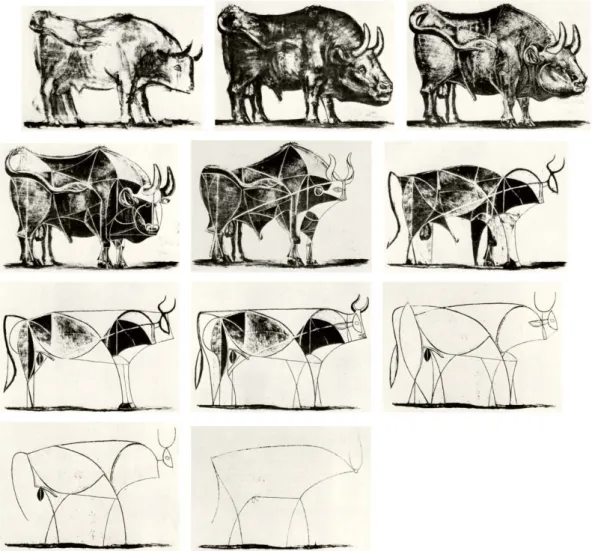 Figs 25 a 35: slide 17, Animação. Touro, litografia (Chapas I a XI), Pablo Picasso, 1945, Museu de Arte  Moderna, Nova Iorque (onze desenvolvimentos de uma litografia)