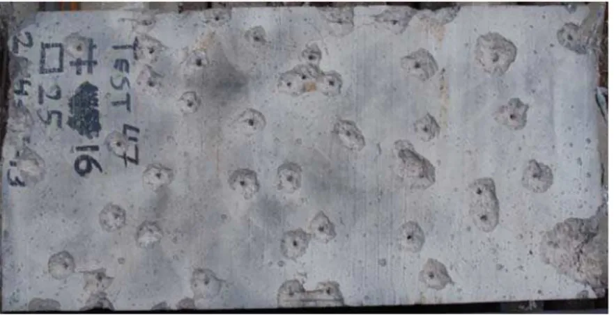 Figure 3: Damage on the top surface of a 200 mm slab. This test was as a source for the impact locations in test 1   of the FEA simulations