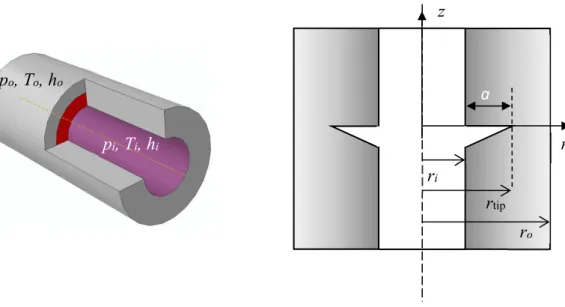 Figure 1: Schematic of a circumferential crack in a pressurized cylinder subject to transient thermal loads.