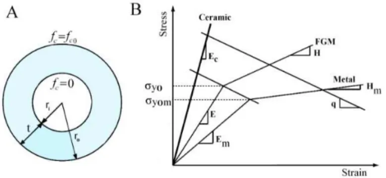 Figure 2: A) Schematic representation of a thick FGM vessel (rotating disk) with internal radius  r i    and external radius r o 