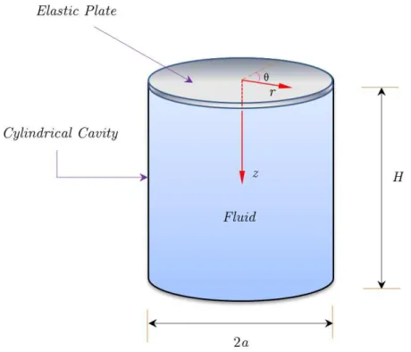 Figure 1: Geometry and coordinate system for a circular plate in contact with a fluid-filled cylindrical cavity