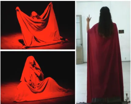 Figura 06: La autora en ensayos de A Dama... En las fotos de la izquierda, tela roja utilizada en la escena de posesión. A la derecha, la autora  representa a Jesucristo.