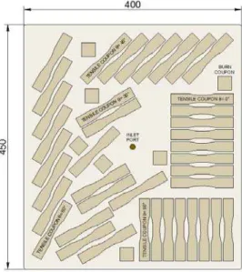 Figure 1: Distribution and orientation of coupons in the plate (All dimension in millimeters)