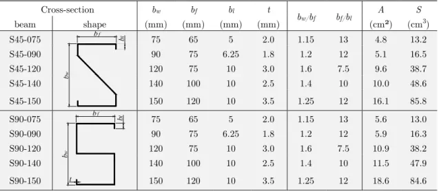 Table 1: Selected S45 and S90 beams cross-section geometrical parameters. 