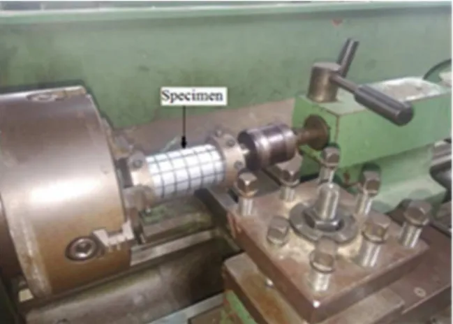 Figure 1: Specimen mounted on the fixtures using the lathe machine. 
