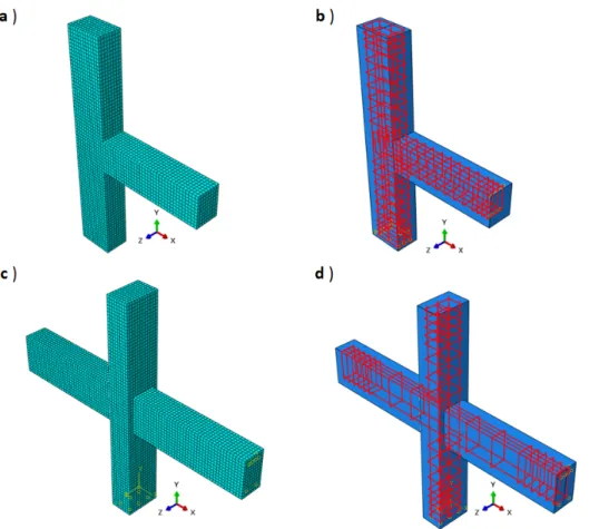 Figure 8: Modeled specimens; a) Concrete element mesh of exterior connection; b) Reinforcement details of exterior   connection; c) Concrete element mesh of interior connection and d) Reinforcement details of interior connection