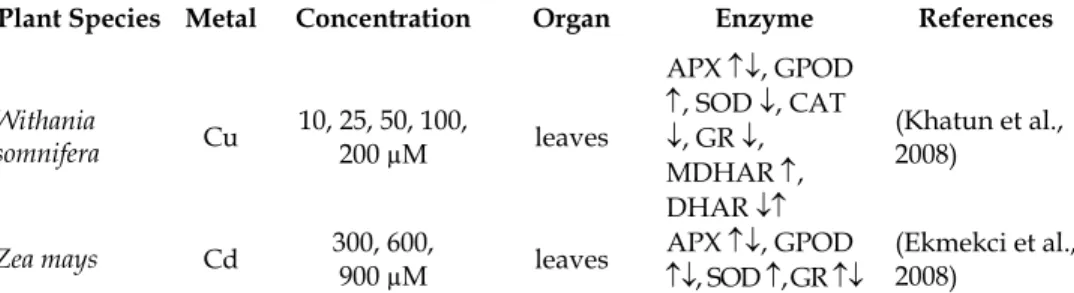 Table 2. Changes in enzyme activities for several plants and metals. The symbols after the  enzymes indicate if its activity increased (), decreased (), remained the same (=) or  increased for lower concentrations and decreased for higher concentrations 