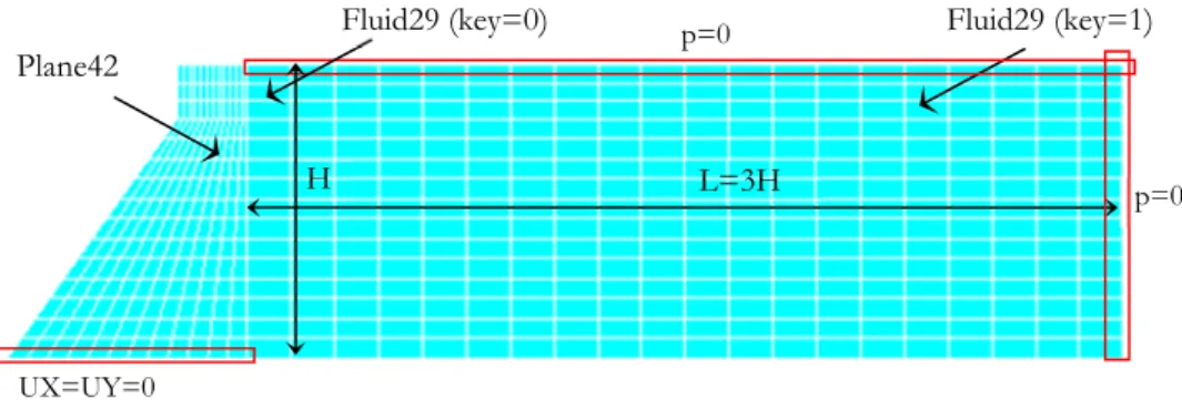 Figure 8: Finite element fluid-structure model and prescribed boundary conditions. 